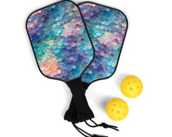 Pickleball Kit, Mermaid Pickleball Paddle Set, Pickleball Gift Set for Her, Teen, Cute Pickleball Set, Green Blue Purple Pink Scales