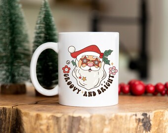 Retro Santa Coffee Mug - Groovy & Bright Vintage Santa Christmas Mug, Friend Holiday Gift, Stocking Stuffer for Her, Coworker Gift Mug