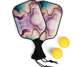 Ladies Pickleball GIft Set 2 Pickleball Paddles 2 Balls Carrying Bag Watercolor Marble Design Fun Raquet Sports Gift for Her, Custom Paddle