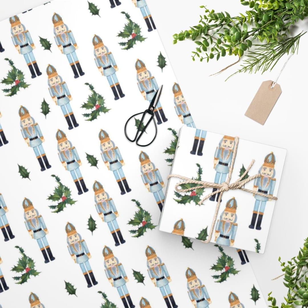 Christmas Nutcrackers Wrapping Paper, Blue and White Holiday Gift Wrap