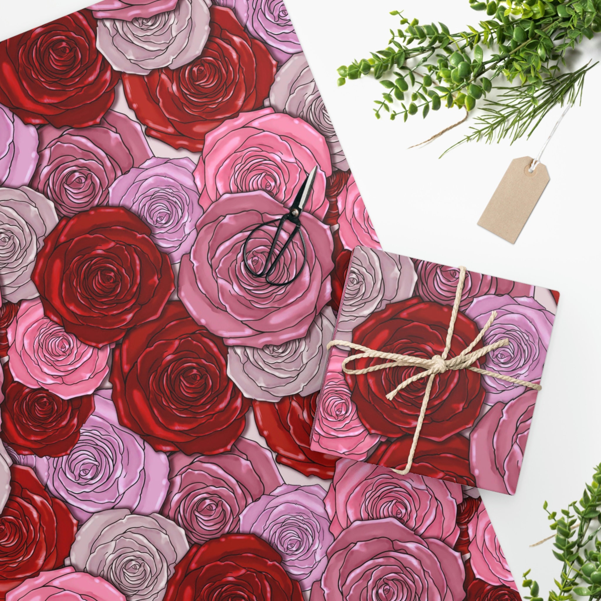 Red Roses Wrapping Paper, Pink Rose Gift Wrap, Valentine's Wrapping Paper, Floral Gift Wrapping
