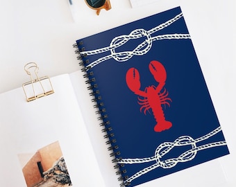 Crustaceancore Lobster Nautical Notebook Gifts for Writers Ruled Line Red White Blue, Ocean Lover Gift, Crustacean Unisex Journal Gift