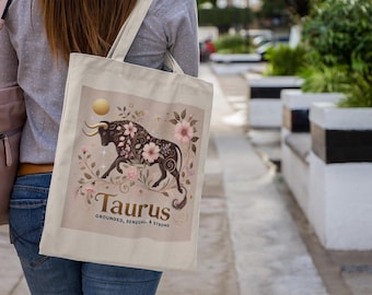 Taurus Zodiac Tote Bag, Astrology Canvas Bag, Earth Sign Gift, Taurus Birthday Gift, Eco-Friendly Cotton Reusable Bag, Spiritual Friend Gift