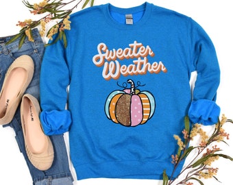 PULLOVER WETTER KÜRBIS - Süßer Retro Pullover Wetter Buntes Kürbis Sweatshirt, Damen Heavy Blend Crewneck Herbst Urlaub