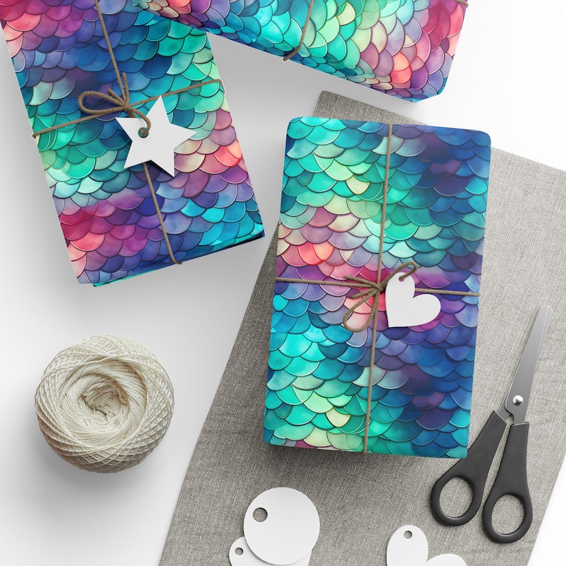 Mermaid Wrapping Paper, Mermaidcore Gift Wrap, Green Purple Pink Blue Scallop Wrapping Paper, Gift Wrap for Her, Birthday Gift Wrap Paper image 1