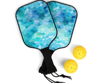 Mermaid Scale Pickleball Paddle Set Blue and Turquoise 2 Paddles, 2 Balls and Carry Bag Perfect Gift for Girls and Teens