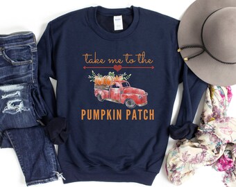 PUMPKIN PATCH SWEATER - Take Me to the Pumpkin Patch Vintage Red Truck Graphic, Cute Women's Fall Sweatshirt, Autumn Holiday Gift