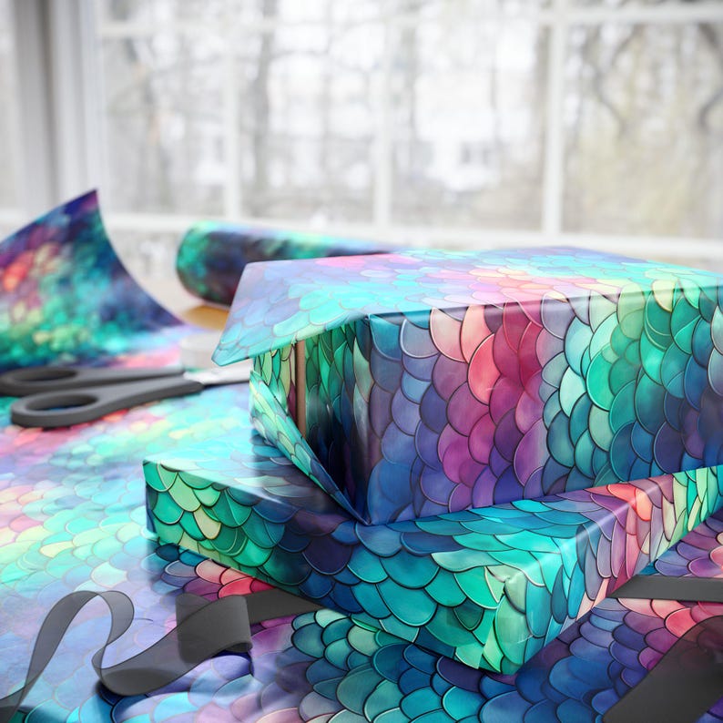 Mermaid Wrapping Paper, Mermaidcore Gift Wrap, Green Purple Pink Blue Scallop Wrapping Paper, Gift Wrap for Her, Birthday Gift Wrap Paper image 16