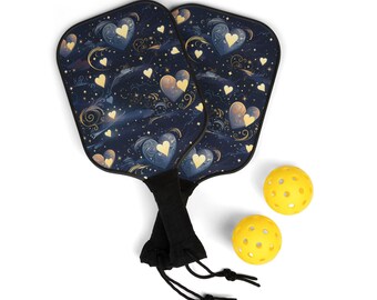 Pickleball Paddle Set Cosmic Hearts with Pink, Gold,and Blue Hearts on Galaxy Background 2 Paddles, 2 Balls and Carry Bag Sport Gift for Her