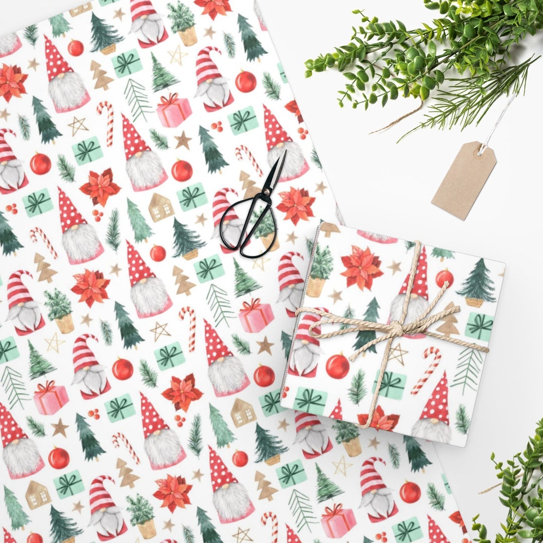 Christmas Wrapping Paper, Gnome Santa Holiday Gift Wrap, Christmas Tree