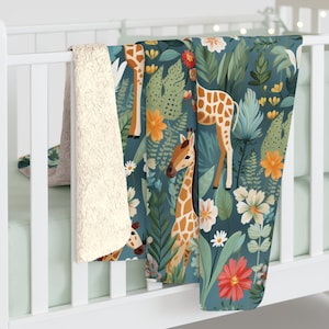 Giraffe Baby Blanket: Jungle Floral Fleece, Boho Nursery Decor