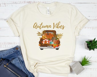 AUTUMN VIBES SHIRT - Vintage Truck Pumpkins Fall Leaves Sunflowers Cute Fall Tee, Gifts for Her Women's Graphic Thanksgiving Shirt