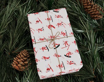 Skiing Snowboarding Santa Wrapping Paper, Christmas Gift Wrap for Skiers Snowboarders, Holiday Snow Sports Wrapping Paper Matte & Satin