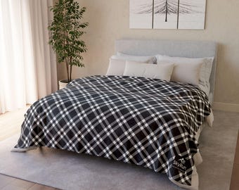 Corporate SkyRun Custom Order Logo Minky Fleece Blanket, Black and White Plaid Throw, Holiday Client Gift Housewarming Throw Blanket Gift