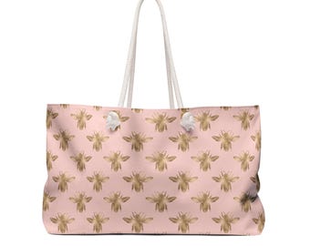 Pink and Gold Bee Weekender Bag, Large Travel Tote Bag Pink Beach Bag for Day Trips with Rope Handles, Travel Gift for Her, Bee Lover Gift