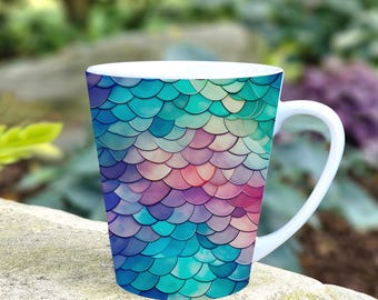 Mermaid Scale Latte Mug: 12oz Ceramic Coffee Cup, Coastal Decor