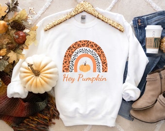 RAINBOW PUMPKIN SWEATER - Hey Pumpkin Leopard Rainbow Women's Fall Sweatshirt, Halloween Thanksgiving Autumn Season Gift for Her