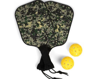 Pickleball Kit: Green and Black Camo Print Set with Paddles, Balls, and Case - Great Gift for Him, Boys, Men's Pickleball Games. Pickleball