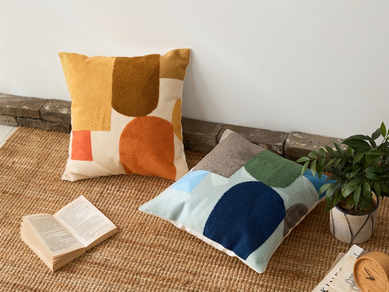 Geometric Pillow Covers 18 X 18 bluebrown Embroidery Throw Etsy