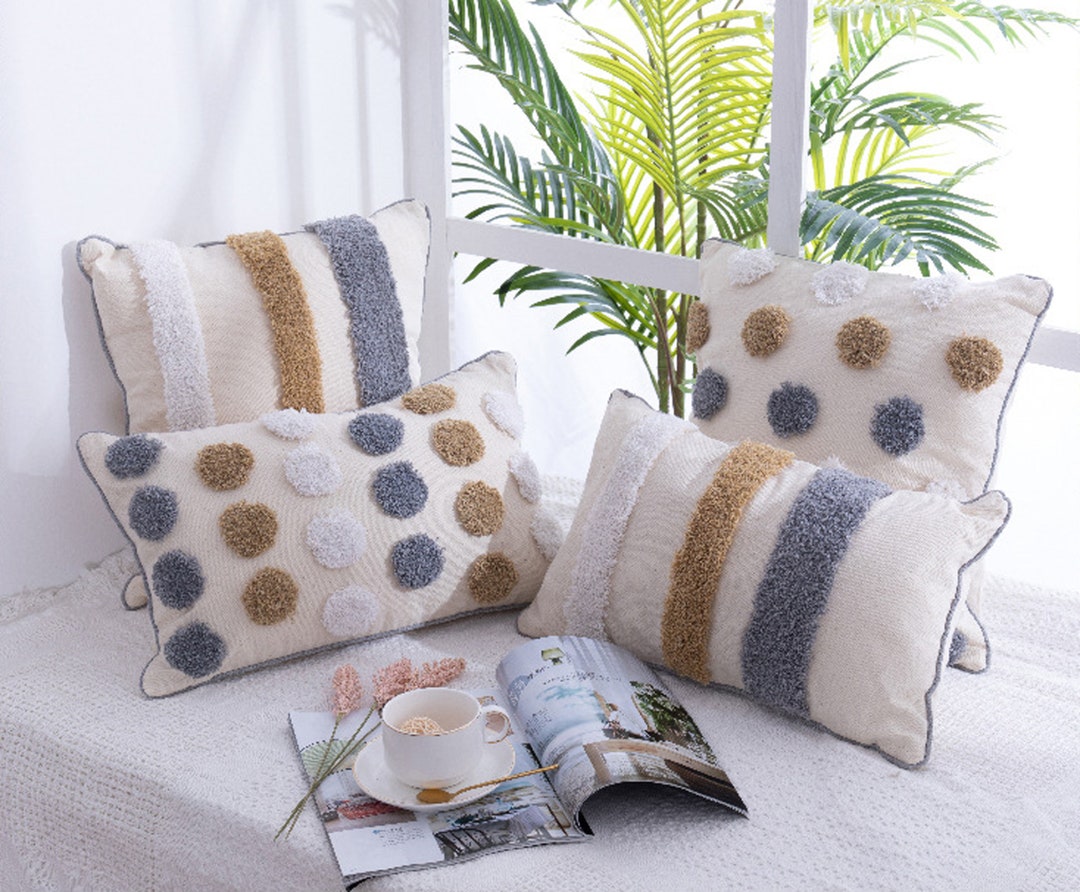 Polka Dots Tufted Pillow Cover 18x18inch,12x20inch Stripe Canvas Cotton Throw Pillow Case