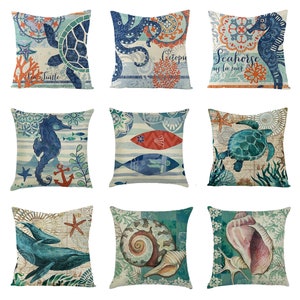 Marine organisms Cotton linen Pillow Cover 16x16,18x18, 20x20, 24 x 24, Blue Throw Pillow case, Sea Life Pillow Covers, Sofa cushion cover