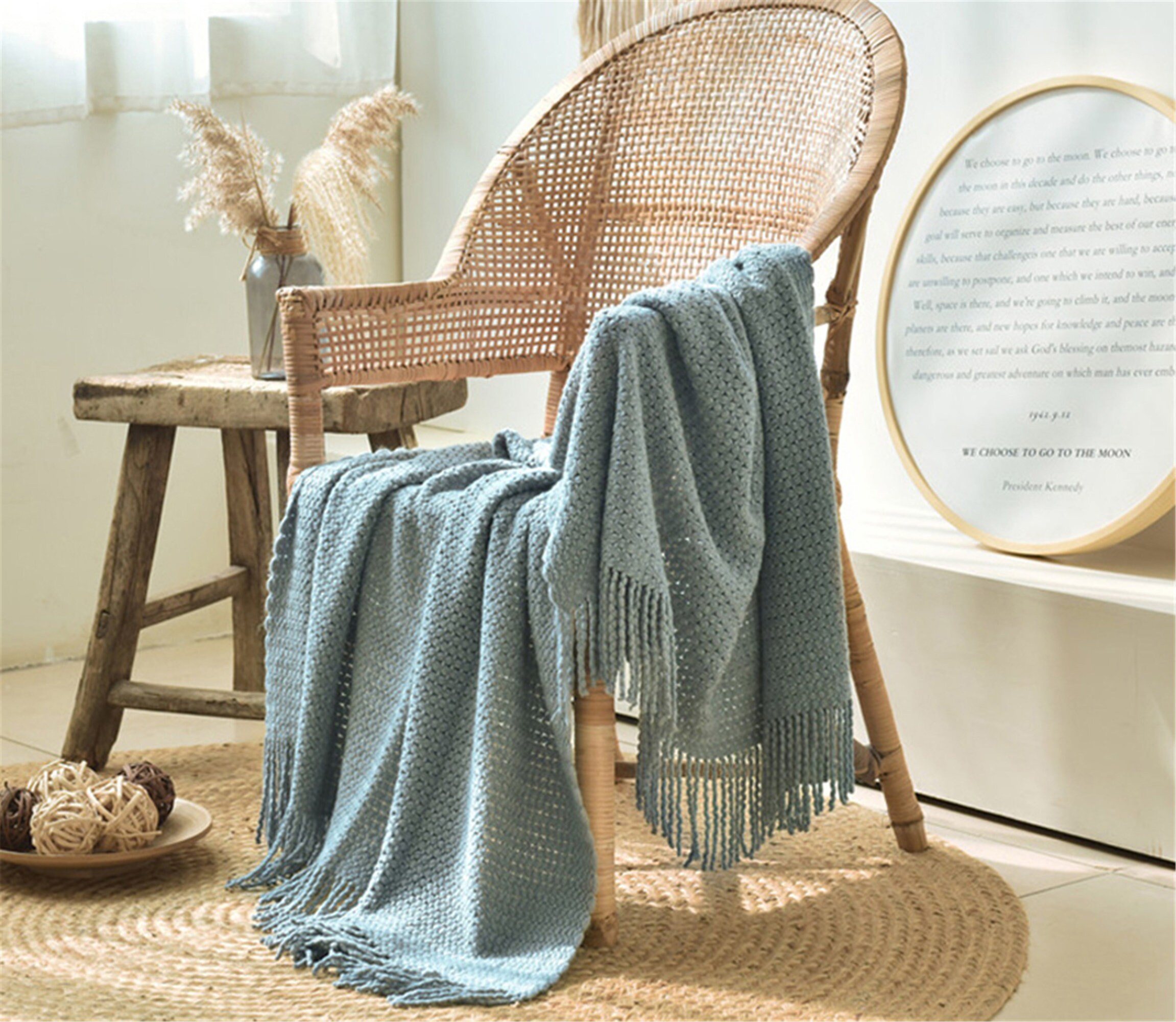 Blue Gray Soft Throw blanket with tassels 51 Etsy