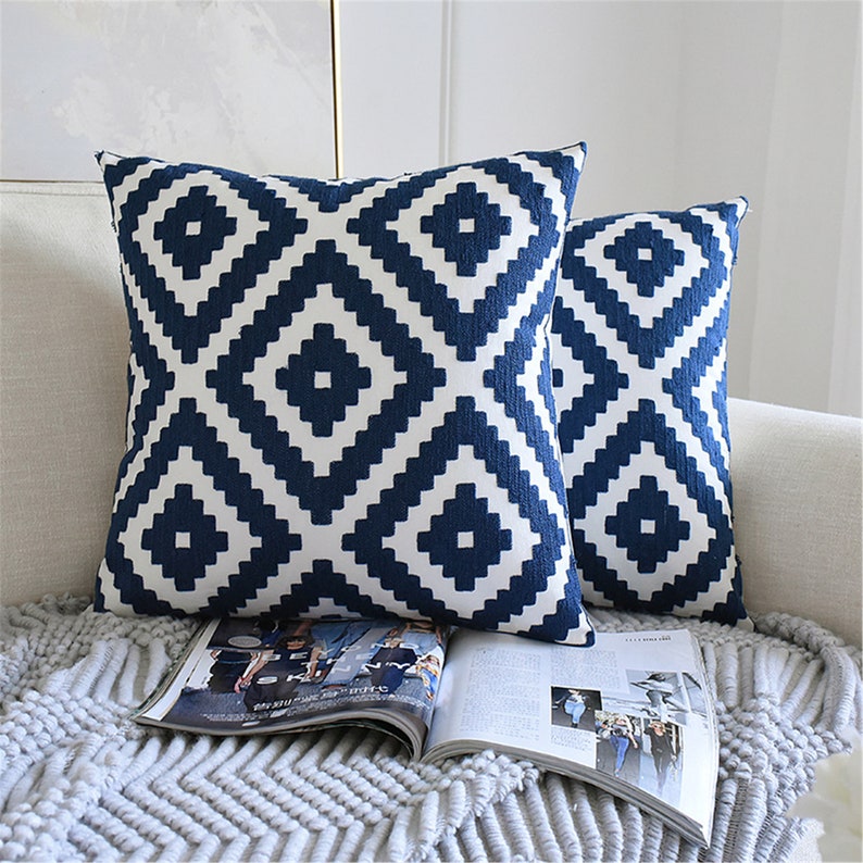 Navy Blue Embroidery Pillow Covers 18 X 18throw Pillow Etsy