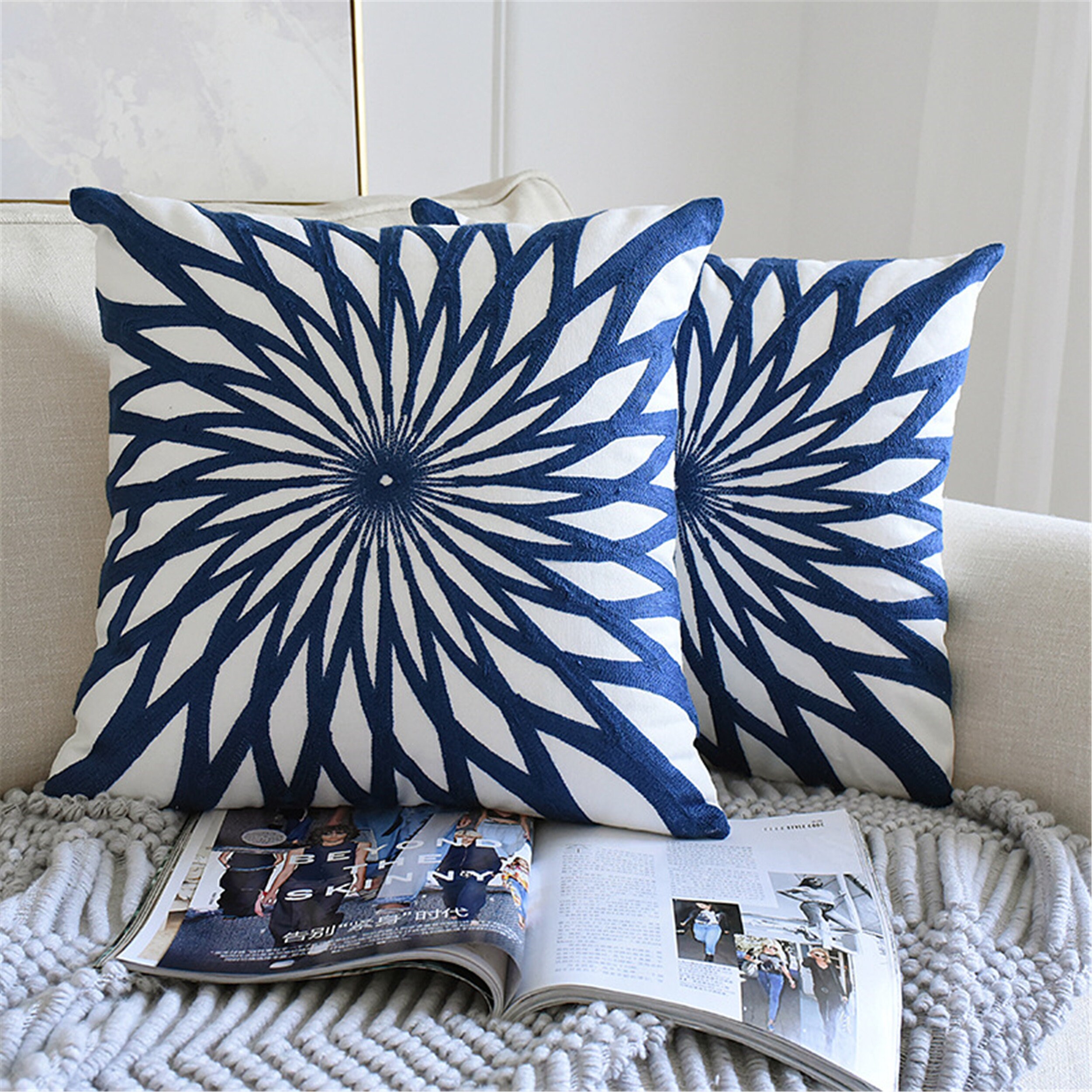 Navy Blue Set of 2 pillow covers 18 x 18Geometric Embroidery Etsy