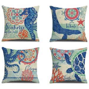 Ocean Elements Printed Pillow shams, whale/octopus/seahorse/turtle sea creatures Decorative pillow Cover, 16,18,20,24inch Throw Pillow case