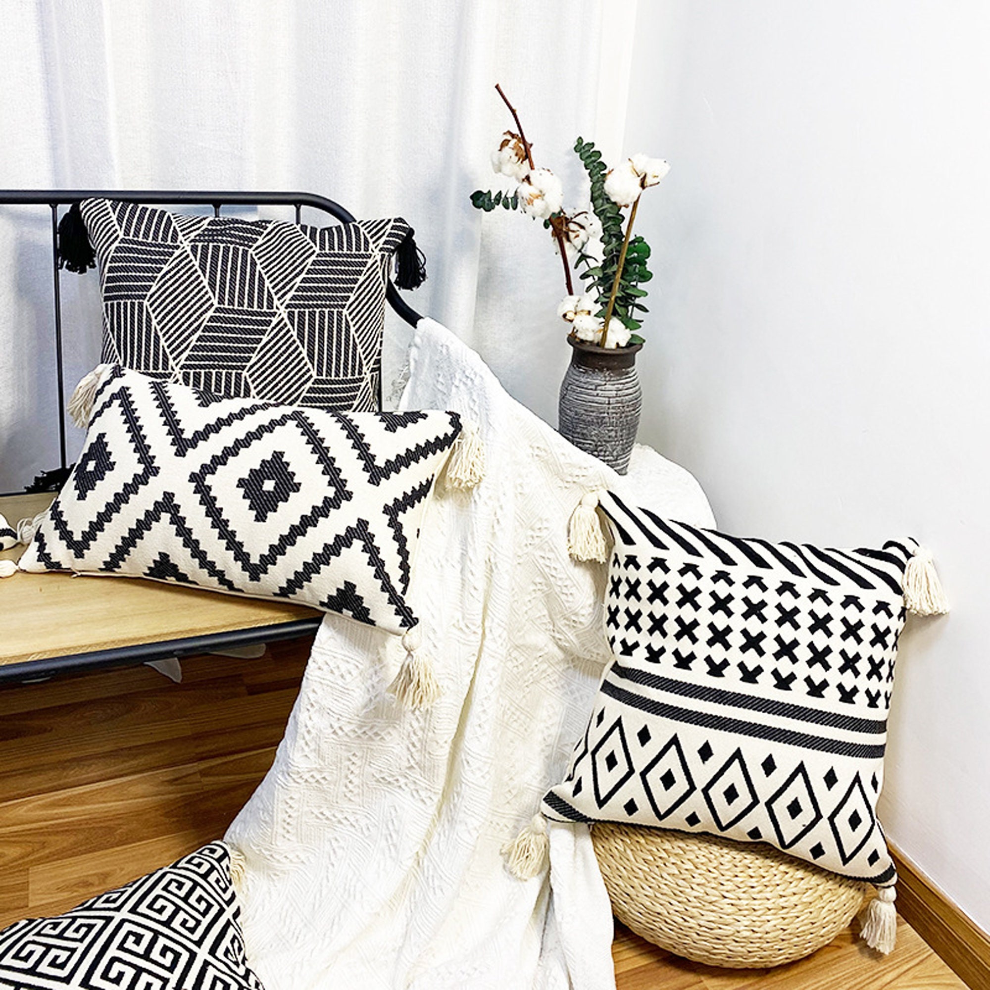 Black Pillow Cover Boho 12 x 2018 x 18Handmade Geometric Etsy