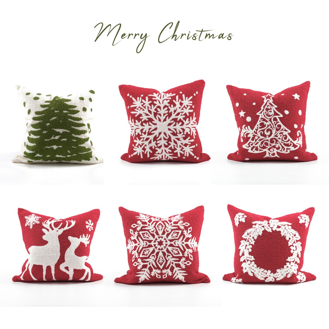 Christmas Faux Fleece Throw Pillow Cover, Embroidered White and Red Cushion Cover, Xmas Party