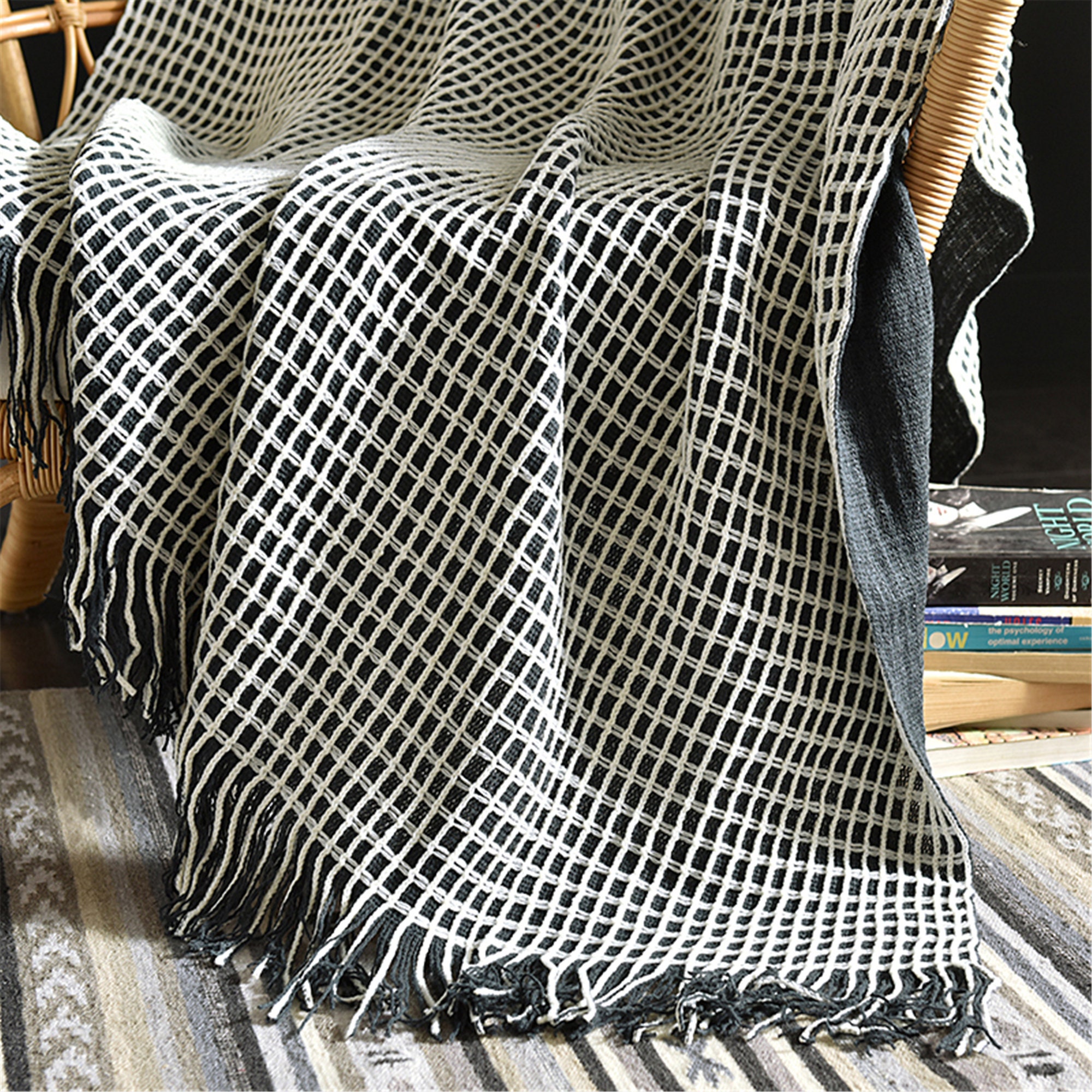 Black and White Plaid Soft throw blanket with tassels 51 Etsy
