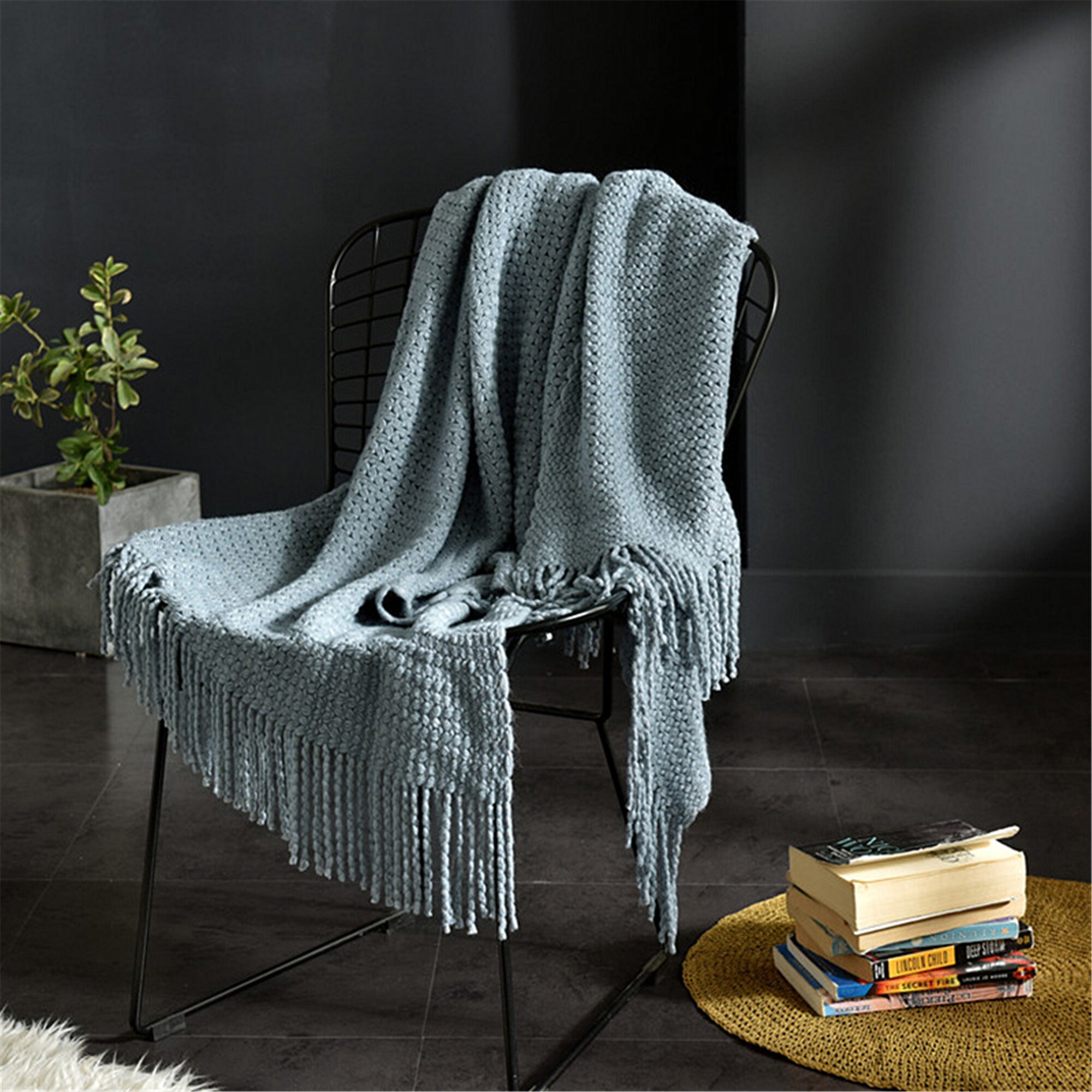 Blue Gray Soft Throw blanket with tassels 51 Etsy