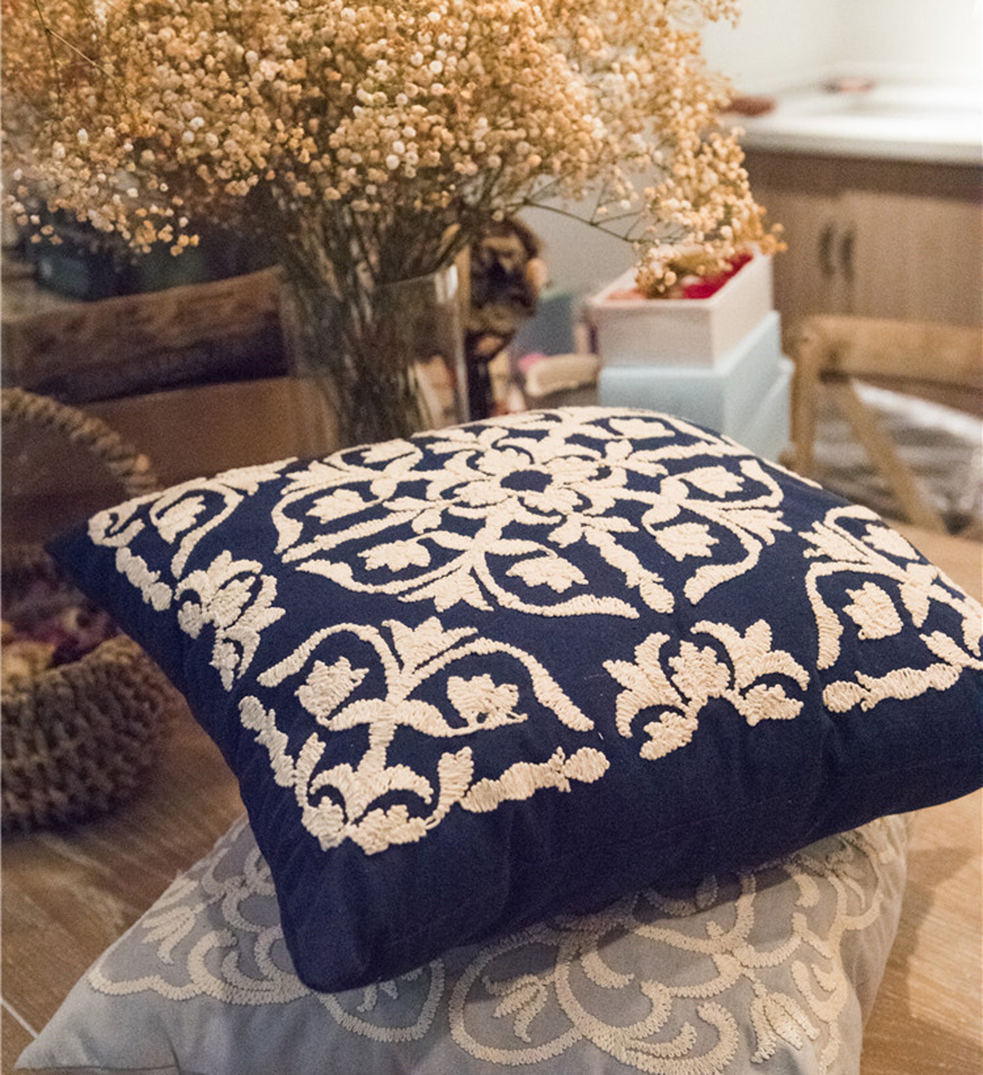 Navy Blue Embroidery Pillow Covers 20 X 20inch Throw Pillow Etsy