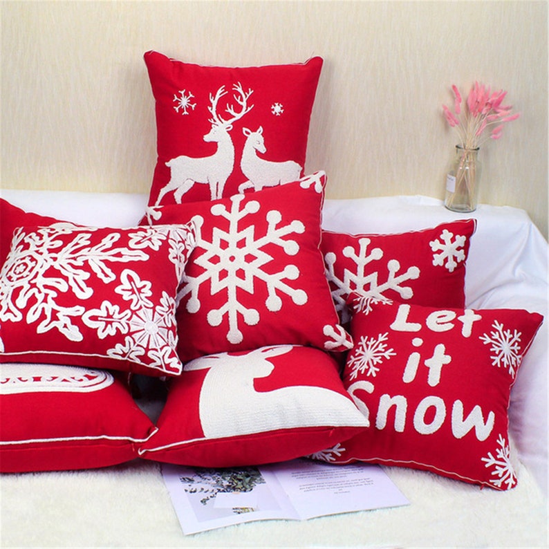 Red Christmas Pillow Covers 18 X 18 Embroidery Throw Pillow Etsy