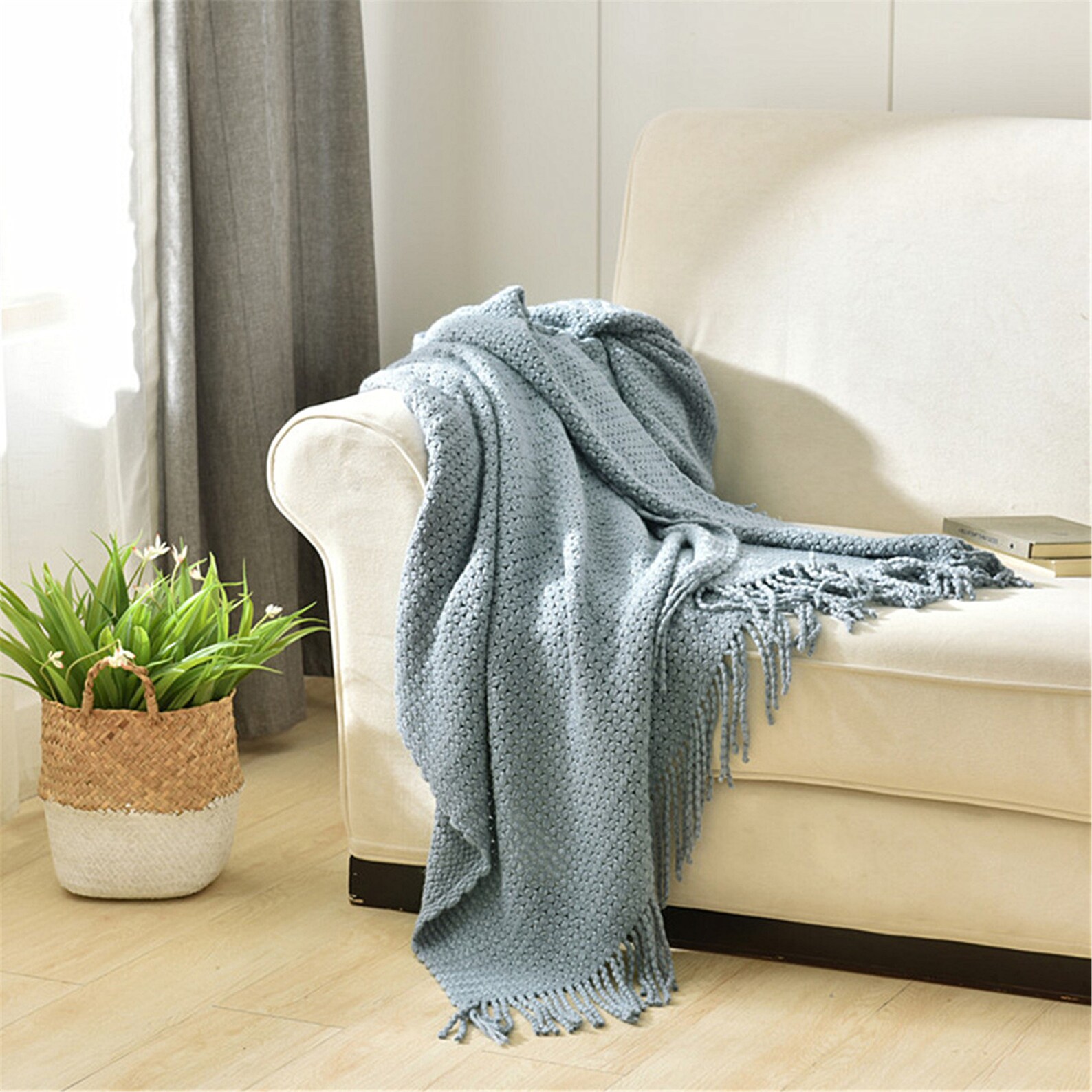 Blue Gray Soft Throw blanket with tassels 51 Etsy