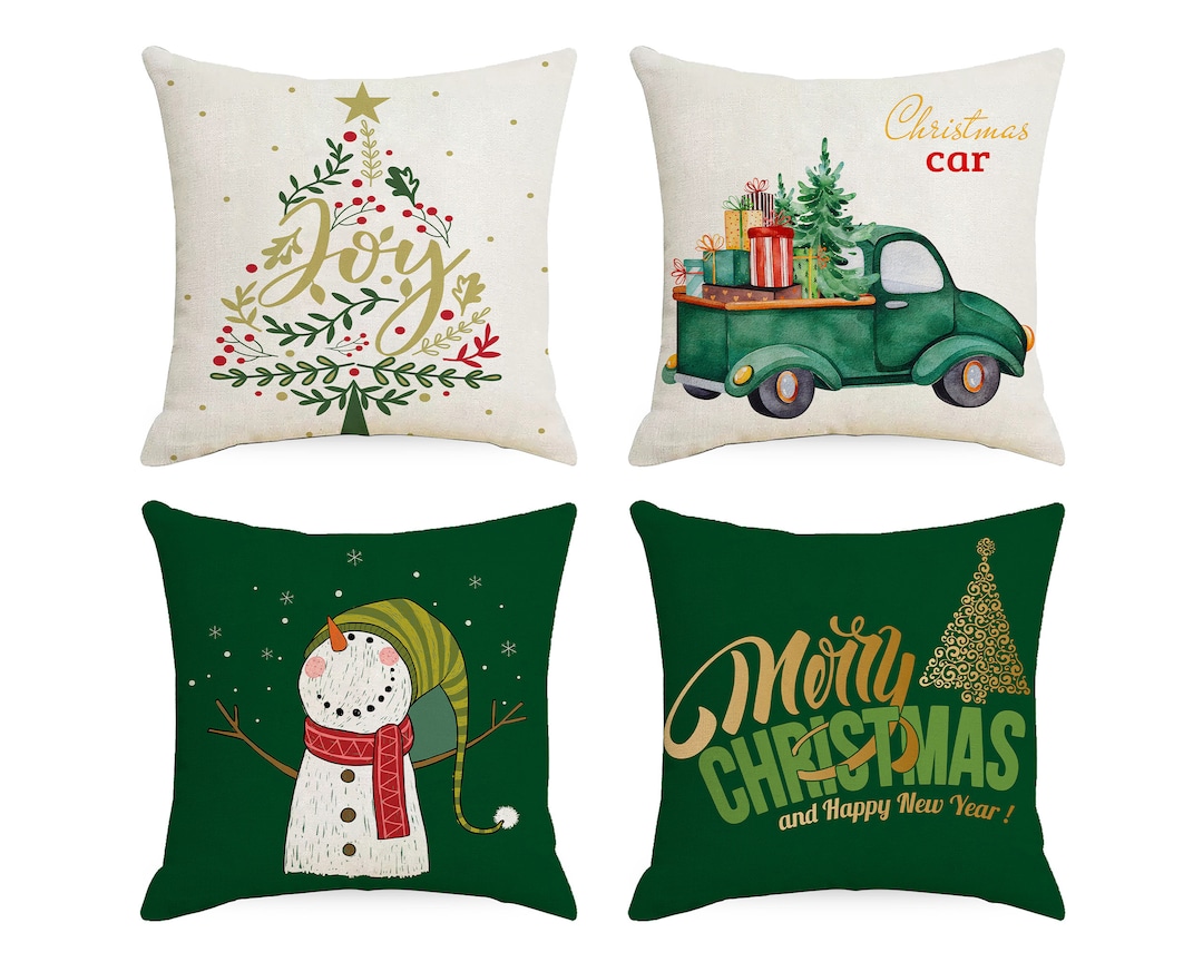 Green Christmas Pillow Cover Christmas Trees Smowman Car Etsy