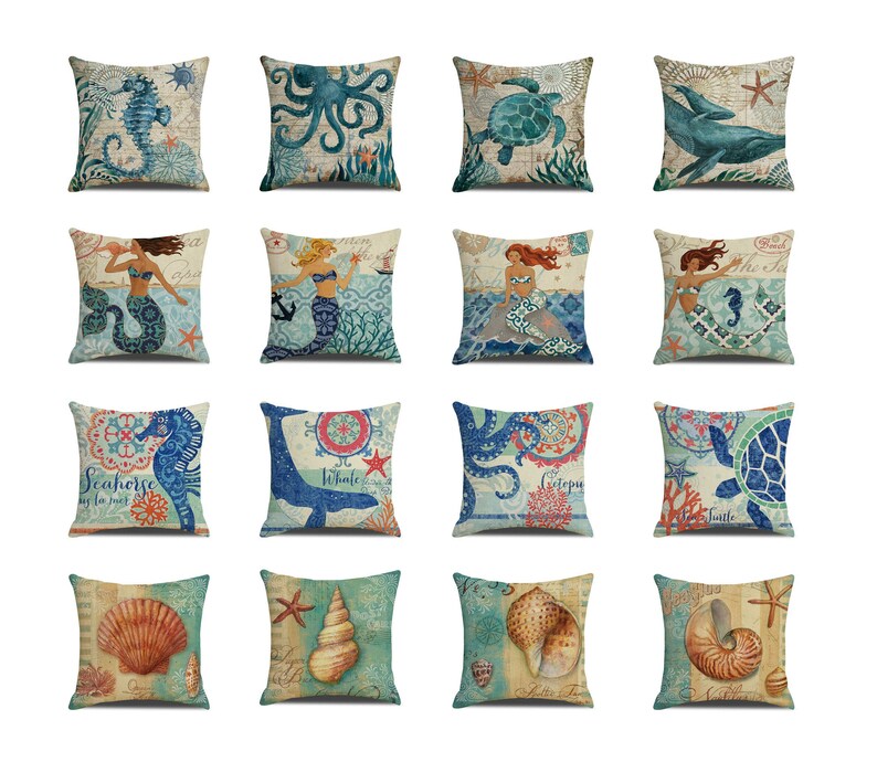 Marine Life Throw Pillow Cover Cotton Linen Pillowcase Sofa Etsy