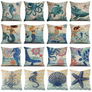 Marine Life Throw Pillow Cover, Cotton Linen Pillowcase, Sofa Car Cushion Cover 16 x 16，18 x 18，20 x 20，24 x 24，Sea animals, mermaid, shells