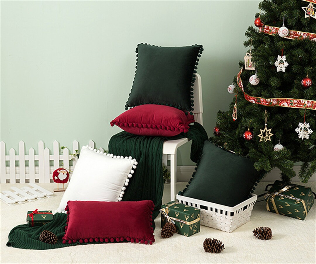 Solid Velvet Christmas Pillow Cover With Pompom, Red Green White Xmas