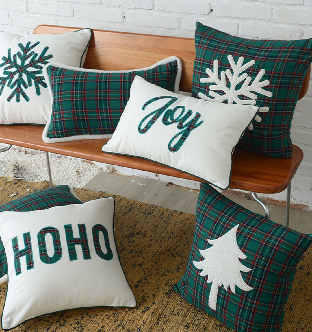 Green Scottish Plaid Winter Pillow Case, Christmas Embroidery Pillow
