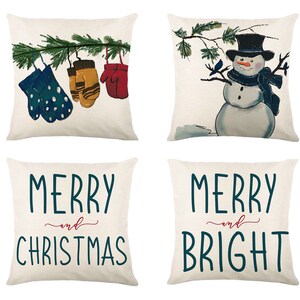 Merry Christmas Pillow Cover 16x16 18x18 20x20 24x24, Xmas Snowman Throw Pillow Case, Winter Farmhouse Decorative Cushion Cover, Home Decor