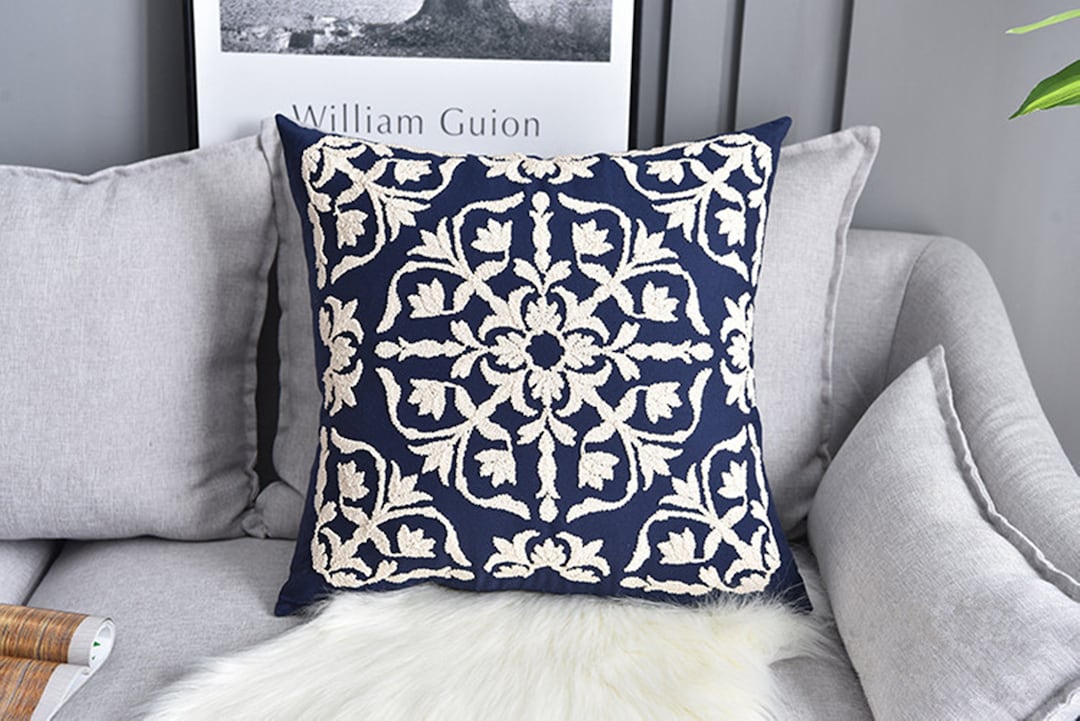 Navy Blue Embroidery Pillow Covers 20 X 20inch Throw Pillow Etsy