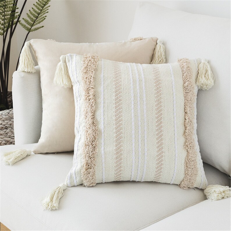 Boho Pillow covers 18 x 18w/Tassel Cream Throw Pillow Etsy