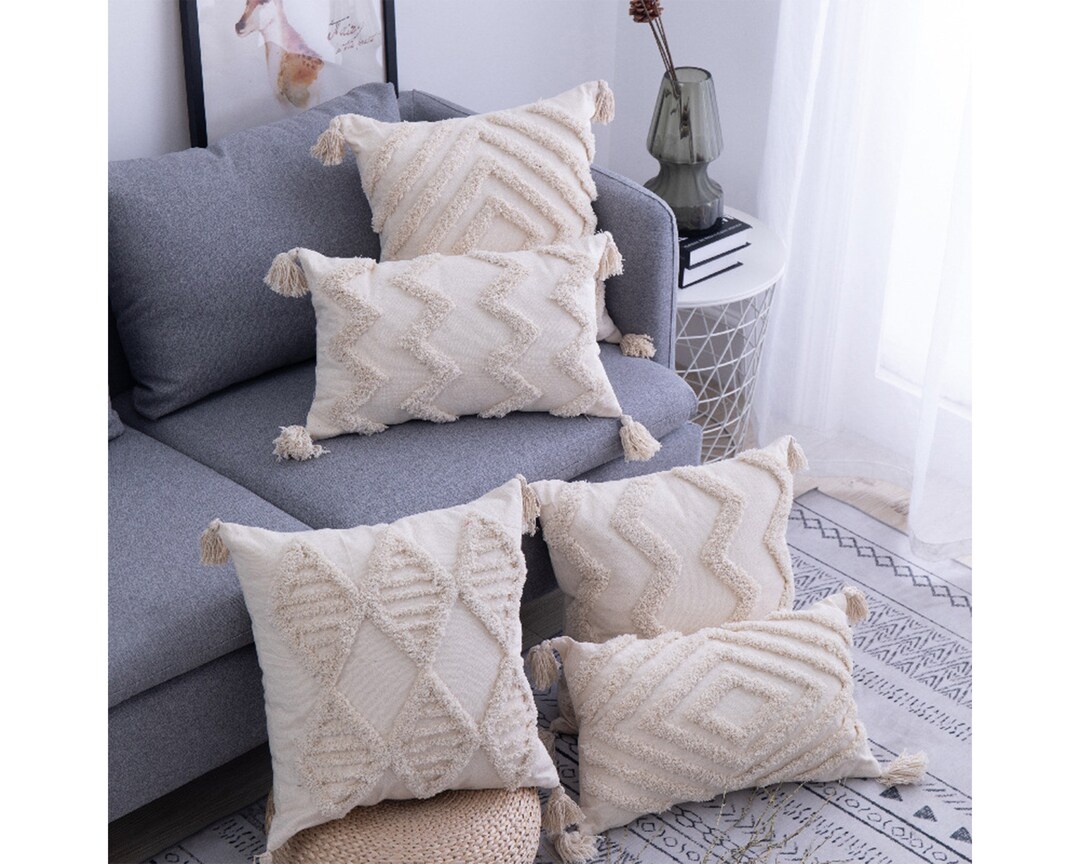 White Boho Tufted Pillow Cover 18x18, 12x20, Lumbar Cover, Unique