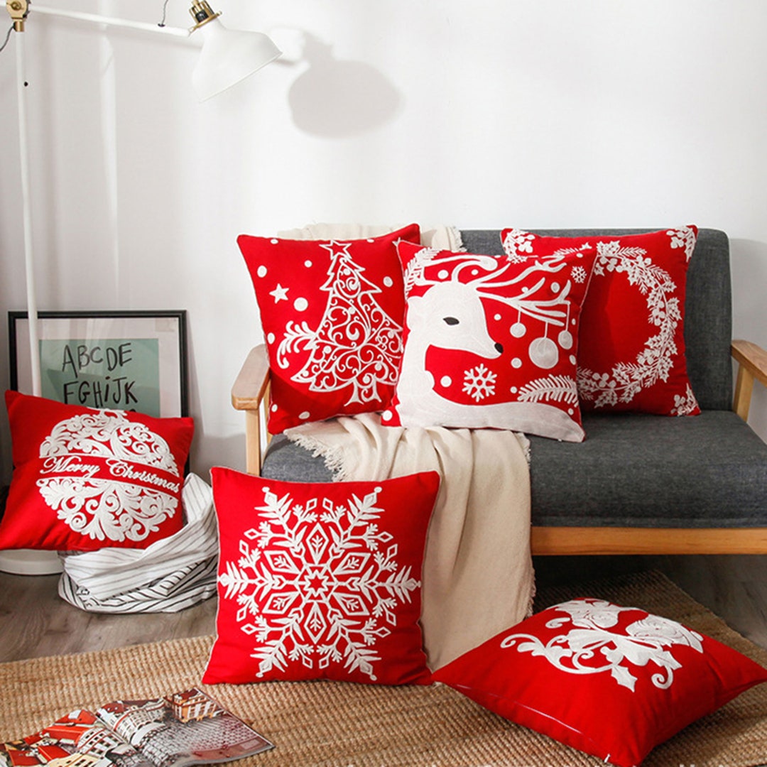 Red Farmhouse Christmas Throw Pillow Cover 18x18, Christmas Tree, Xams