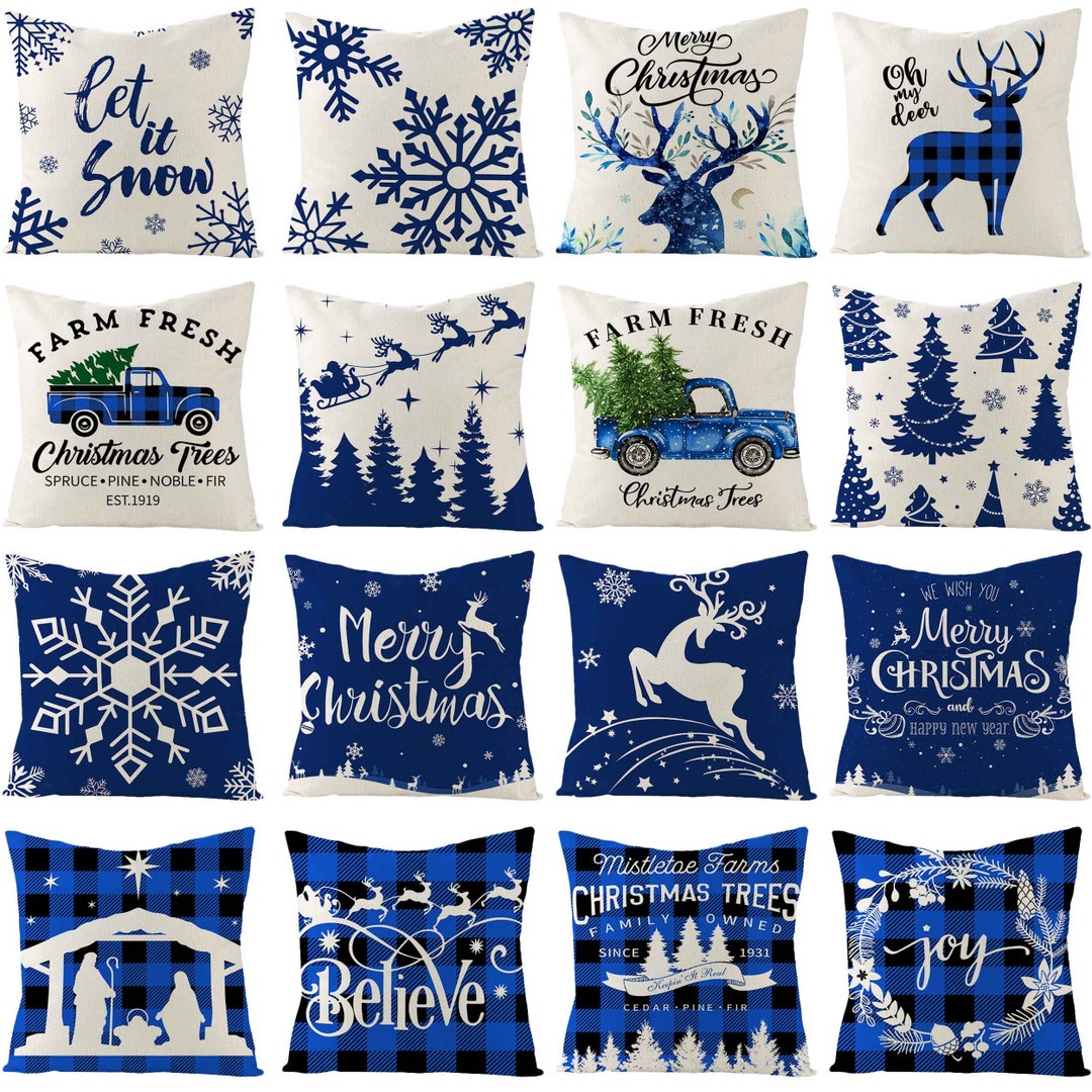 Christmas Blue Pillow Covers , Winter Snowflakes Decorative Throw
