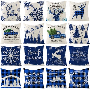 Christmas Blue Pillow Covers , Winter Snowflakes Decorative Throw Pillow Covers 16x16,18x18,20x20,24x24,Cotton Linen Cushion Pillow Case