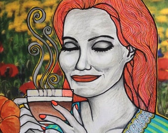 Woman with cup of coffee. Collage (painting on landscape photo).