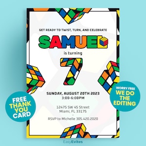 Op de afbeelding: Een kleurrijke uitnodiging met een Rubik's Cube-thema voor een 7e verjaardagsfeestje. De uitnodiging bevat de naam "Samuel" en de tekst "Maak je klaar om te draaien, draaien en te vieren". De uitnodiging bevat ook de datum en tijd van het feestje, het adres en de RSVP-informatie.